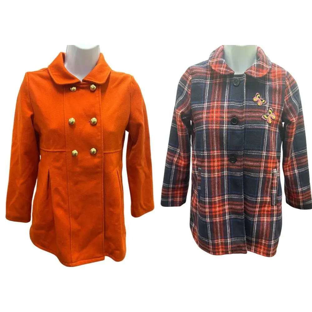 Lot Girls H&M Gymboree Coat M L 9/10 12 Winter Church Dress Coats Orange Plaid - Picture 1 of 9